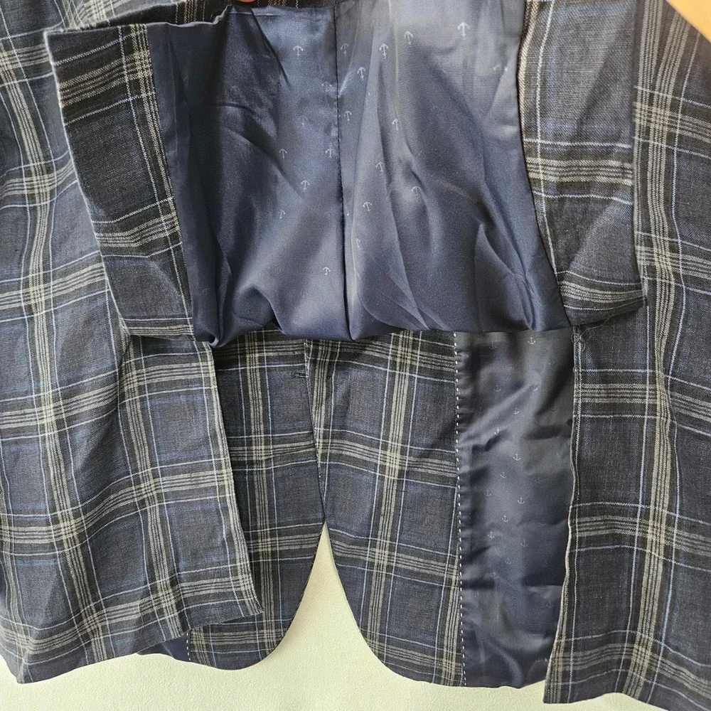 Tommy Hilfiger Sport Coat Mens 43R Blue Plaid Linen Two Button Blazer Jacket